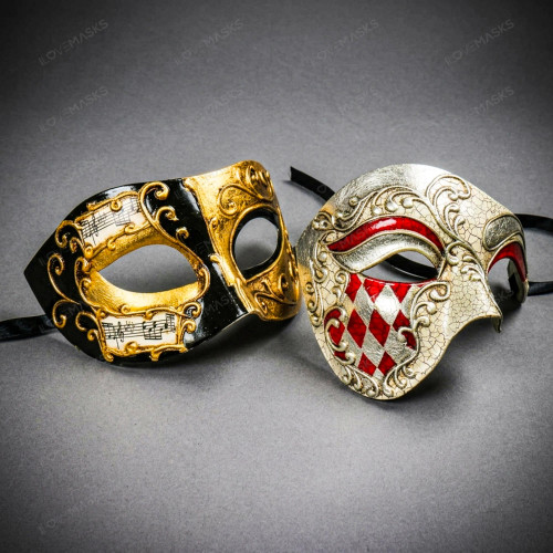 Venetian Gold Black Musical Mask & Red Silver Harlequin Phantom of the Opera Masquerade Couple Mask Set