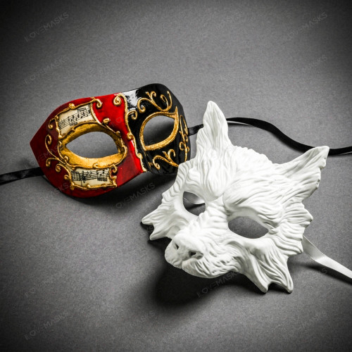 White Wolf Animal Mask & Red Black Venetian Musical Eye Mask Couple Masquerade Set
