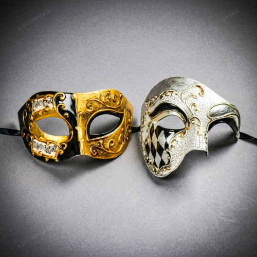 Venetian Black Gold Musical Mask & Silver Harlequin Phantom of the Opera Masquerade Couple Mask Set