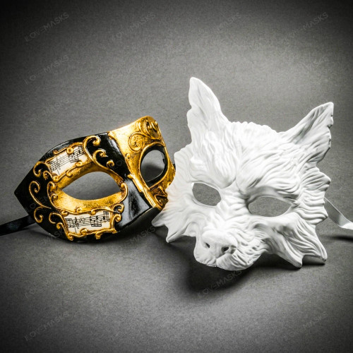 White Wolf Animal Mask & Black Gold Venetian Musical Eye Mask Couple Masquerade Set