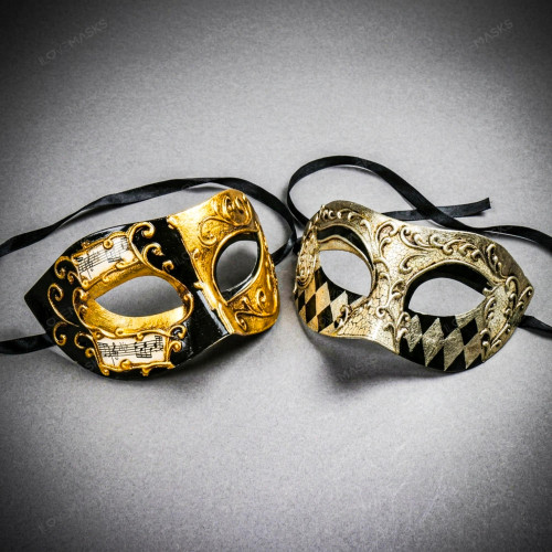 Venetian Gold Black Musical Mask & Silver Black Harlequin Half Face Masquerade Couple Mask Set