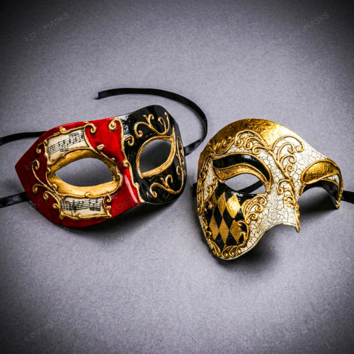 Red Black Venetian Musical Eye Mask & Gold Black Harlequin Phantom of the Opera Mask Couple Masquerade Set