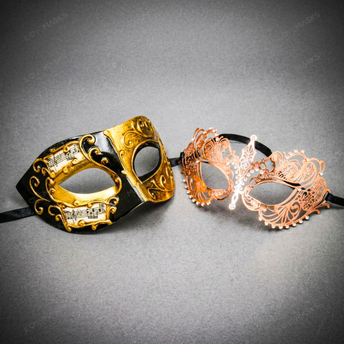 Black Gold Musical Venetian Mask & Rose Gold Filigree Eye Masquerade Couple Mask Set