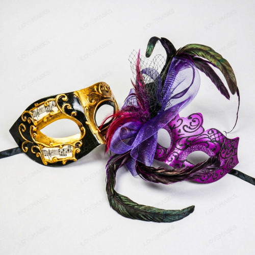 Gold Black Venetian Phantom Musical Half Face & Purple Lace Feather Masquerade Couple Mask Set