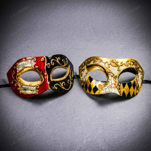 Venetian Red Black Musical Mask & Gold Black Harlequin Half Face Masquerade Couple Mask Set
