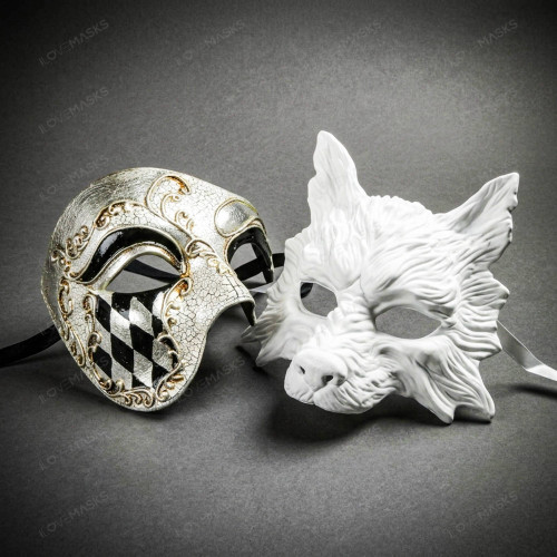 White Wolf Animal Mask & Silver Black Harlequin Phantom of the Opera Masquerade Couple Mask Set