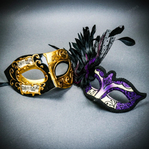 Gold Black Musical Venetian Mask & Purple Black Feather Eye Mask Couple Masquerade Set