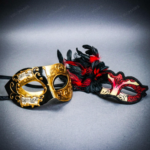 Gold Black Musical Venetian Mask & Red Black Feather Eye Mask Couple Masquerade Set