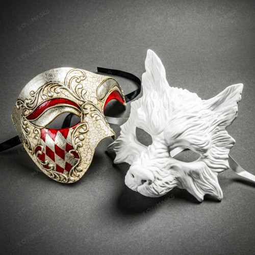 White Wolf Animal Mask & Silver Red Harlequin Phantom of the Opera Masquerade Couple Mask Set