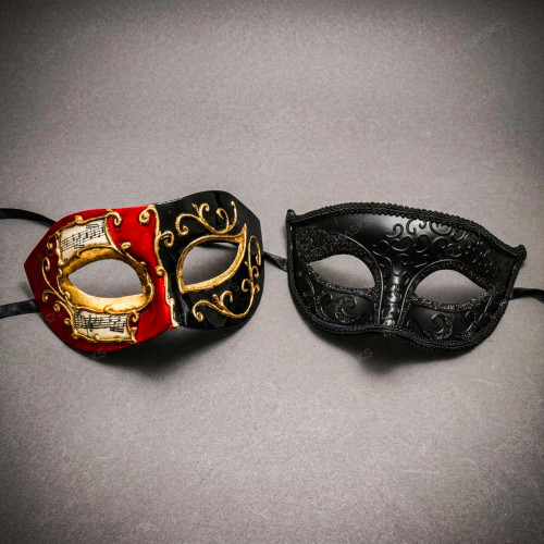 Red Black Venetian Phantom Musical Half Face & Black Glitter Ball Masquerade Couple Mask Set