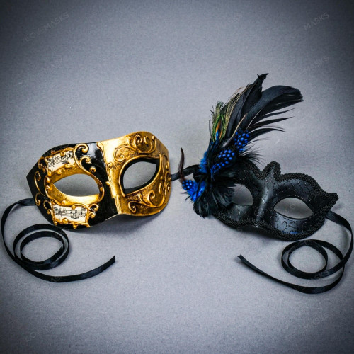Black Gold Venetian Musical Eye Mask & Blue Black Feather Masquerade Couple Mask Set