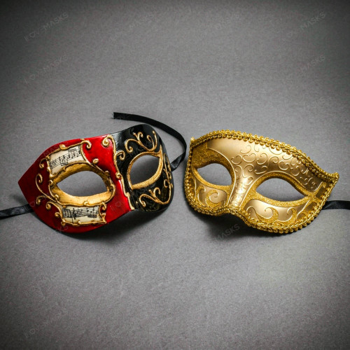 Red Black Venetian Phantom Musical Half Face & Gold Glitter Ball Masquerade Couple Mask Set