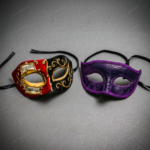 Red Black Venetian Phantom Musical Half Face & Purple Glitter Ball Masquerade Couple Mask Set