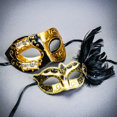 Black Gold Venetian Music Note Half Mask & Black Side Feather Eye Mask Couple Masquerade Set