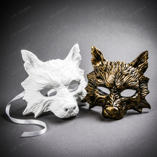 White & Antique Gold Wolf Animal Halloween Masquerade Couple Mask