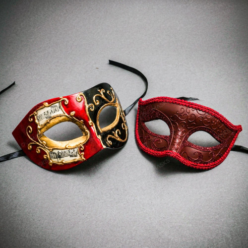 Red Black Venetian Phantom Musical Half Face & Red Glitter Ball Masquerade Couple Mask Set