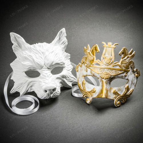 White Wolf Animal Masquerade  White Gold Pegasus Warrior Masquerade Couple Mask Set