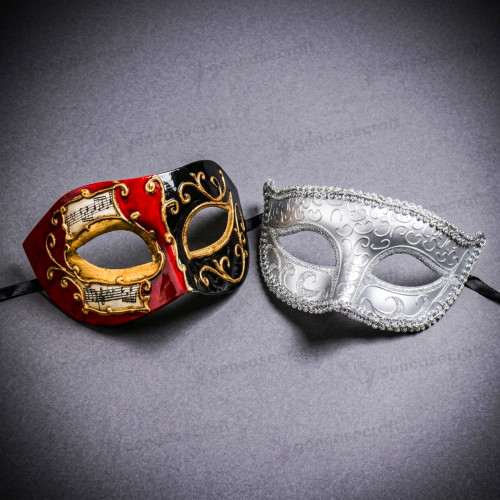 Red Black Venetian Phantom Musical Half Face & Silver Glitter Ball Masquerade Couple Mask Set