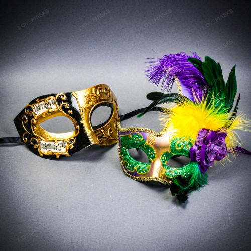 Venetian Purple Green Rose Feather Women Ball Mask & Black Gold Men Half Face Mask Couple Masquerade Set