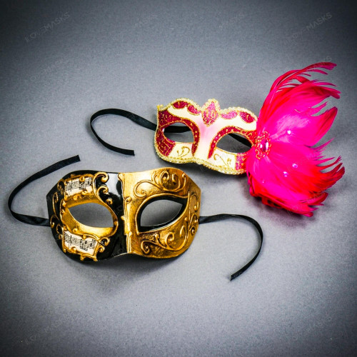 Black Gold Venetian Music Note Half Mask & Pink Side Feather Eye Mask Couple Masquerade Set