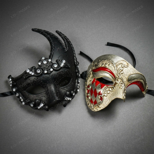 Black Crystal Lunar Venetian Mask & Silver Red Phantom of the Opera Masquerade Couple Mask Set