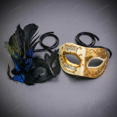 Ivory Gold Venetian Musical Eye Mask & Blue Black Feather Masquerade Couple Mask Set