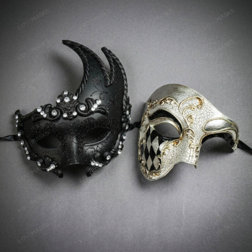 Black Crystal Lunar Venetian Mask & Silver Black Phantom of the Opera Masquerade Couple Mask Set