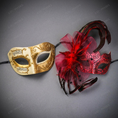 Ivory Gold Musical Venetian Mask & Red Feather Lace Masquerade Couple Mask Set
