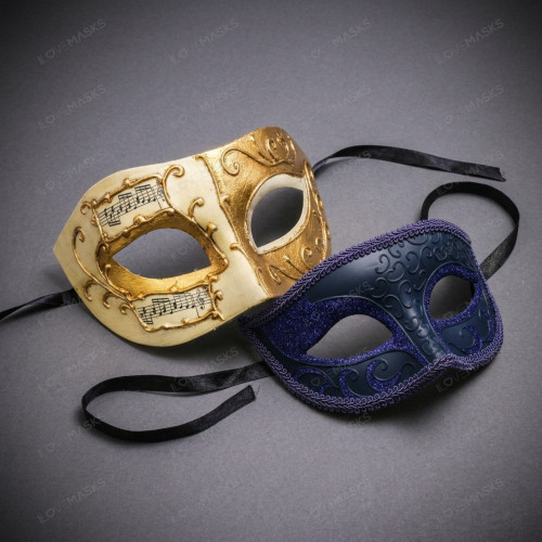 Venetian Musical Ivory Gold &  Blue Glitter Venetian Eye Mask Couple Masquerade Set