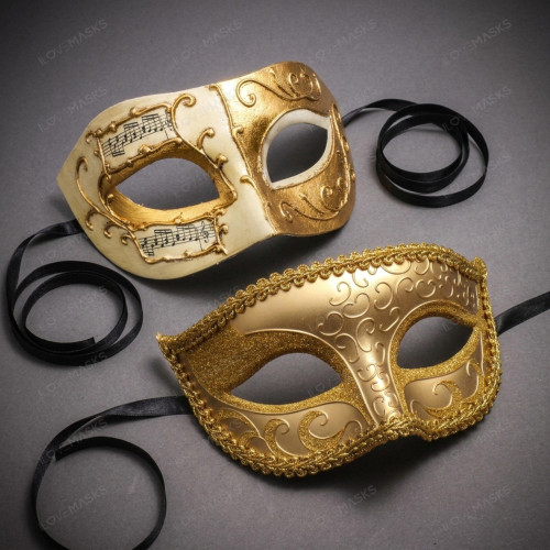 Venetian Musical Ivory & Gold Glitter Venetian Eye Mask Couple Masquerade Set