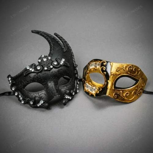 Black Swan Lunar Crystal Mask & Black Gold Venetian Musical Half Face Masquerade Couple Mask Set