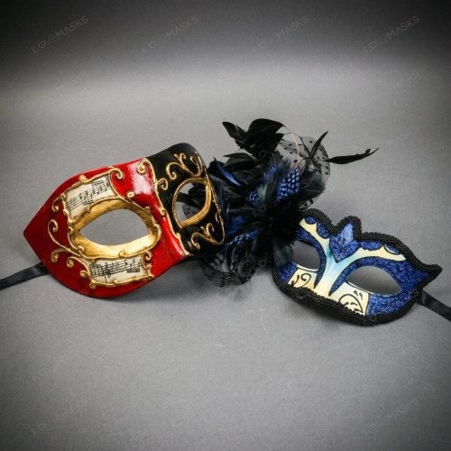 Red Black Musical Venetian Mask & Blue Black Feather Eye Mask Couple Masquerade Set