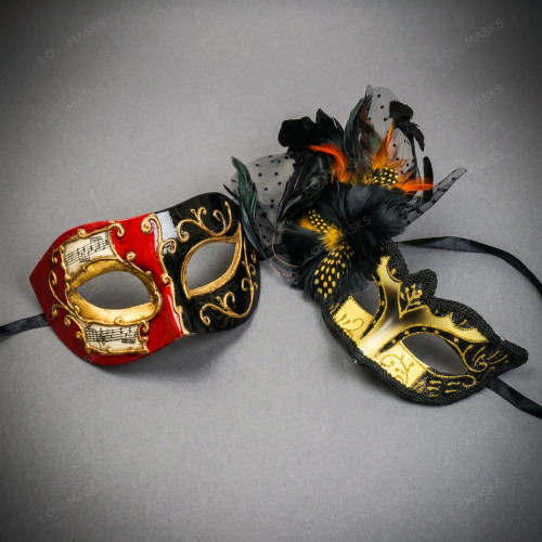 Red Black Musical Venetian Mask & Gold Black Feather Eye Mask Couple Masquerade Set