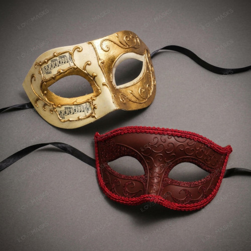 Venetian Musical Ivory Gold & Red Glitter Venetian Eye Mask Couple Masquerade Set