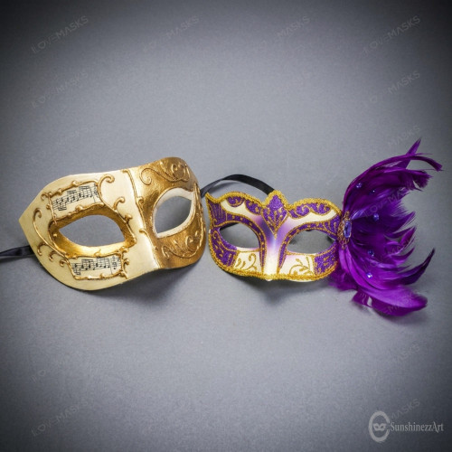 Ivory Gold Venetian Musical Half Face Mask & Gold Purple Feather Eye Mask Couple Masquerade Set