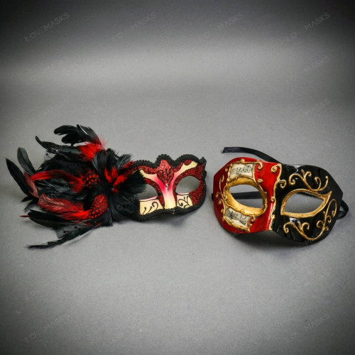 Red Black Musical Venetian Mask & Feather Eye Mask Couple Masquerade Set