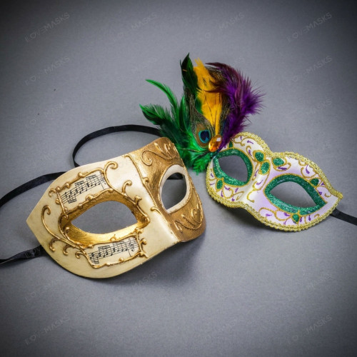 Ivory Gold Venetian Musical Half Face Mask & Peacock Feather Mardi Gras Masquerade Couple Mask Set