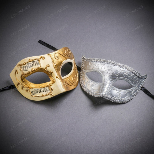 Musical Ivory Gold & Silver Glitter Venetian Eye Mask Couple Masquerade Set