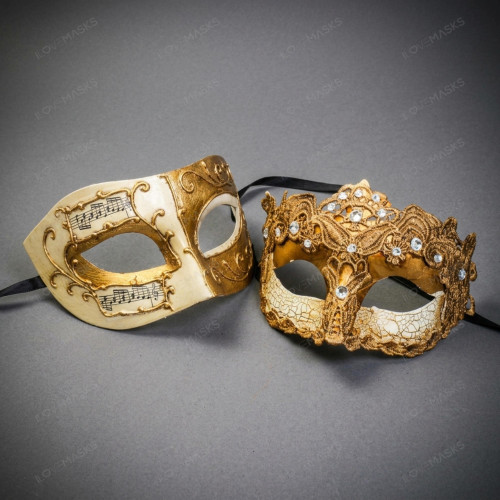 Ivory Gold Musical Venetian Half Mask & Gold Crystal Lace Eye Mask Couple Masquerade Set