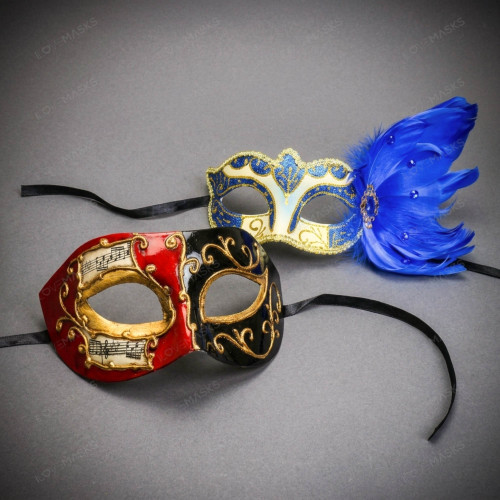 Red Black Venetian Musical Half Face Mask & Gold Blue Feather Eye Mask Couple Masquerade Set