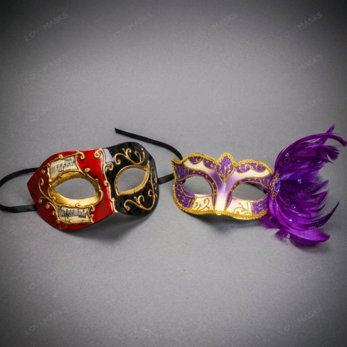 Red Black Venetian Musical Half Face Mask & Gold Purple Feather Eye Mask Couple Masquerade Set