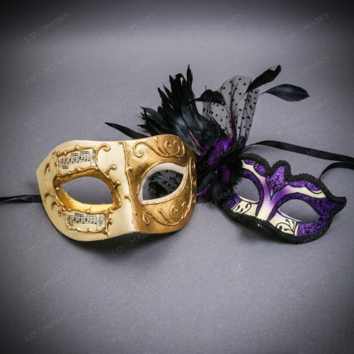 Ivory Gold Musical Venetian Mask & Purple Black Feather Eye Mask Couple Masquerade Set