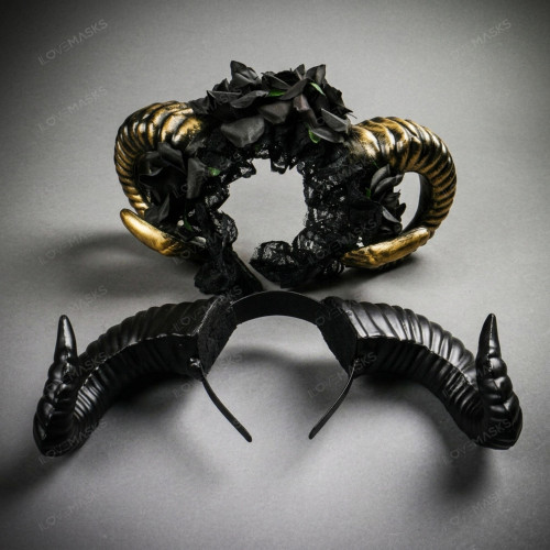 Gold Ram Horn Roses Headband & Black Large Krampus Horn Couple Headband Set