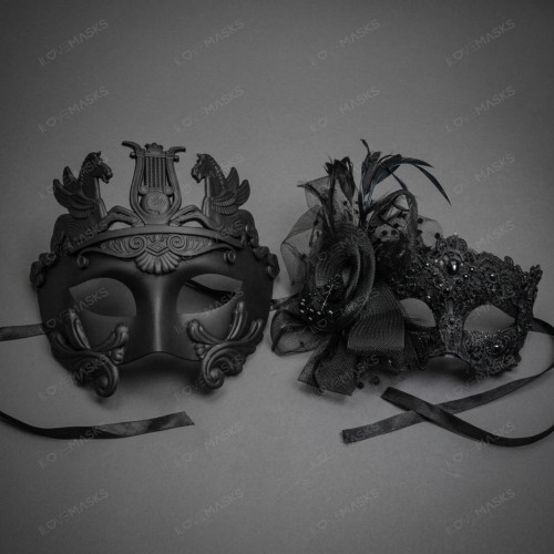 Couples Harlequin & Feather Masquerade Masks - Gold White