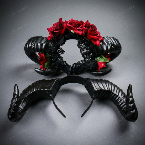 Gothic Ram Horn Floral Lace Masquerade Headpiece - Black