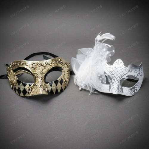 Venetian Harlequin and Floral Lace Masquerade Masks