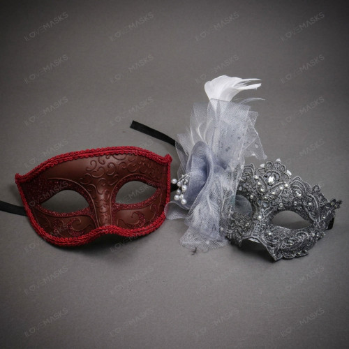 Venetian Glitter and Floral Masquerade Mask - Red Silver