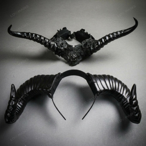 Ornate Gothic Floral Long Demon Horn Men Women Masquerade Costume Mask Headpiece - Black