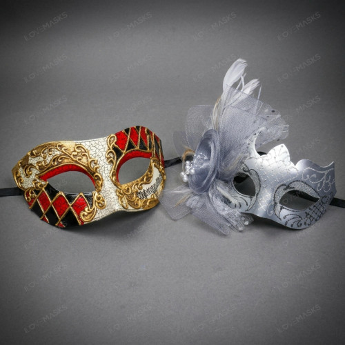 Harlequin Jester Music Note and Silver Feather Flower Women Masquerade Mask - Red Black Silver