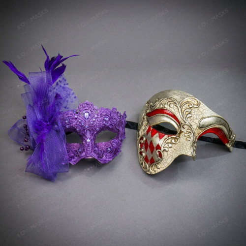 Venetian Elegant Feather Women and Phantom Harlequin Men Masquerade Mask - Purple Gold Red